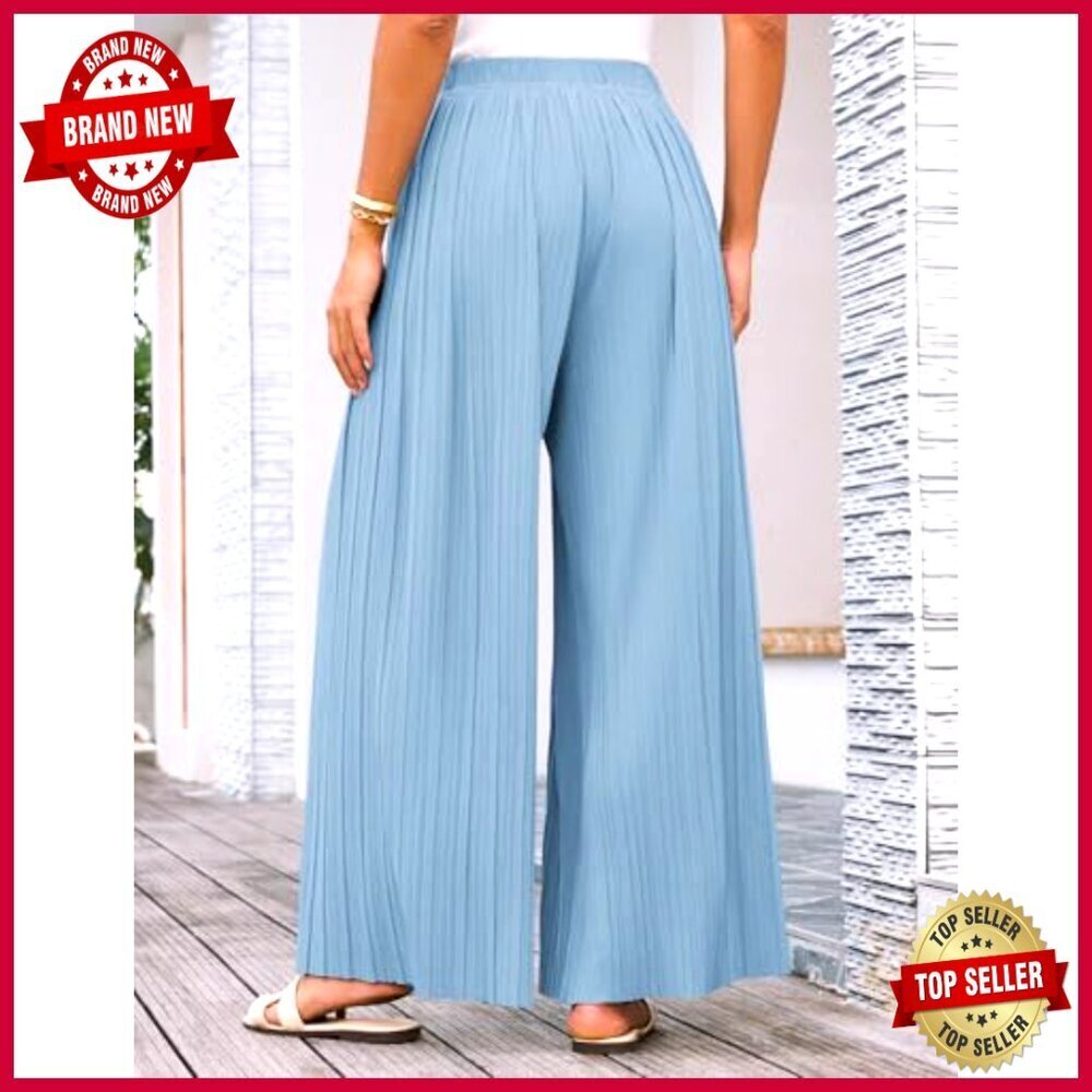 Wide Leg Palazzo Pants Pleated High Elastic Waist Flowy Loose Boho Chic - Picture 2 of 7